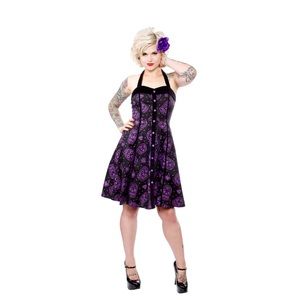 Sourpuss Purple Sugar Skull Halter Dress - Retired - Medium